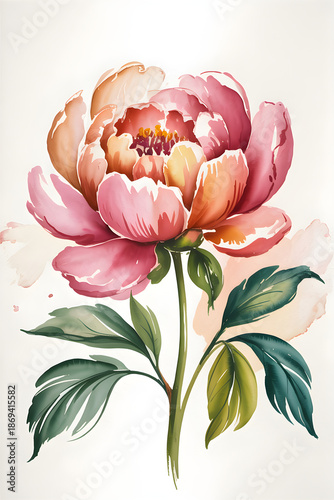 Peony flower blooming watercolor painting botanical art