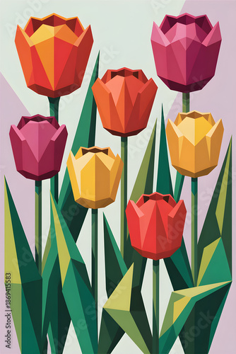 Colorful low poly tulips digital art geometric pattern