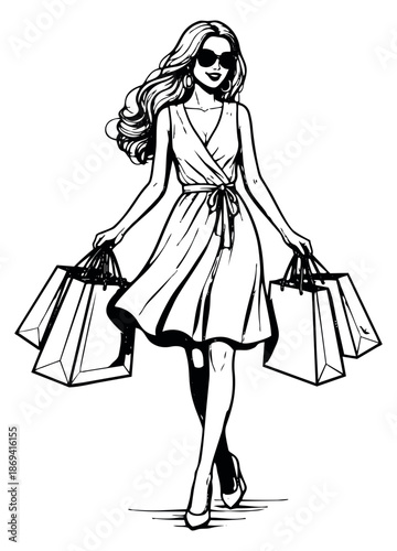 Line art illustration of a stylish woman depicting a successful shopping trip for retail and lifestyle