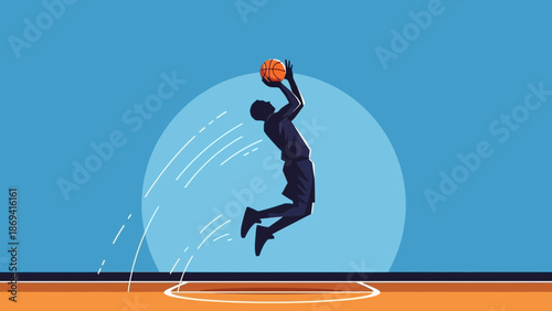 Man jumping high to dunk a basketball on a court with a blue background and orange floor