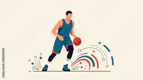 A basketball player in action, dribbling a ball with dynamic motion lines on a plain background