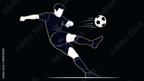 A soccer player in action kicking a ball with intense motion on a dark background