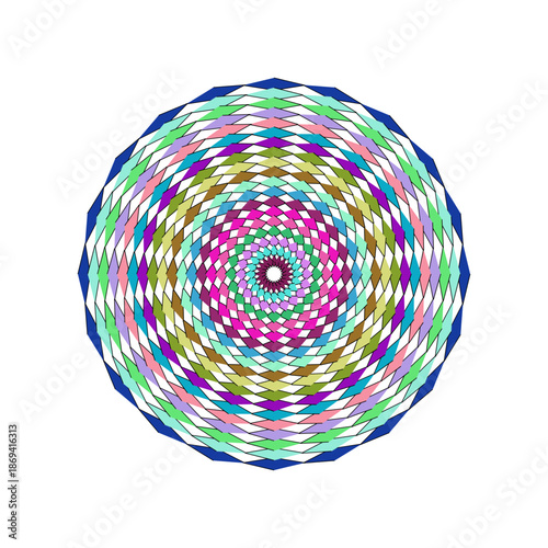 Vibrant multicolored circular pattern with concentric rings and spiral design