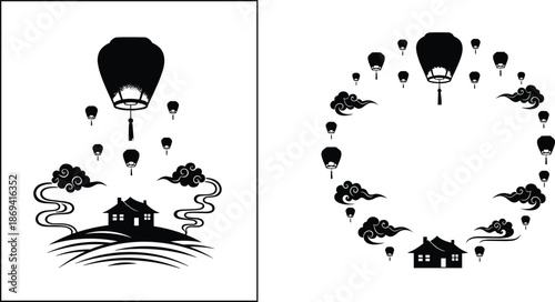 Hot air balloon silhouette vector illustration with clouds and village houses, whimsical travel fantasy landscape design isolated on white background, minimalist black art style