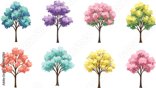 Collection of colorful deciduous tree vector illustrations featuring seasonal spring blossom and autumn foliage styles for nature landscape graphic design