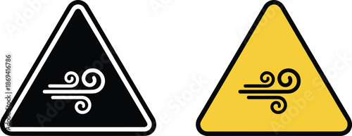 Weather warning icons featuring wind breeze symbols inside black and yellow triangular frames for meteorological and safety design.