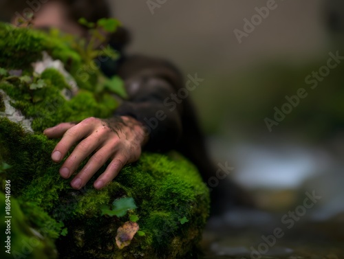 Close-Up of a Person's Hand Reaching for a Vibrant Green Mossy Rock in a Lush Forest, ecology, survival
