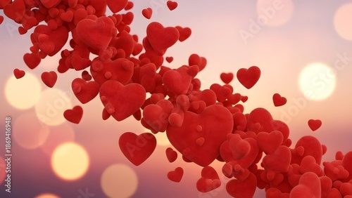 Love concept illustration featuring a cascade of textured scarlet hearts against a dreamy, out-of-focus backdrop