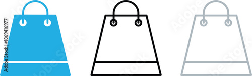 Collection of shopping bag icons featuring solid blue outline black and thin grey styles for retail and commerce.