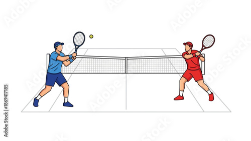 Two tennis players in action on a court with a net, hitting tennis balls in a competitive match