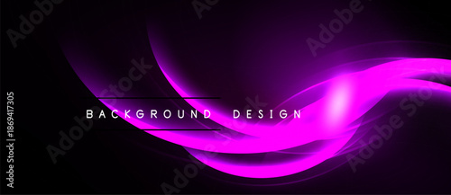 Abstract purple waves flow across black background. Text reads background design. Smooth curves create dynamic visual effect.