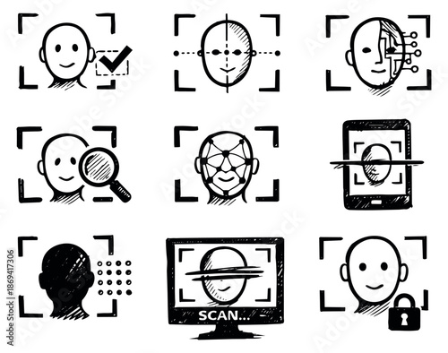 Hand drawn line art facial recognition icons set featuring biometric scanning, identity verification, and security for digital technology