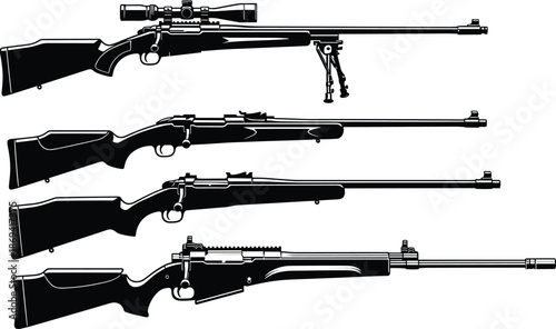 Set of tactical sniper rifle silhouettes with scopes and bipods, professional hunting weapon icons for shooting sports and military army combat design,