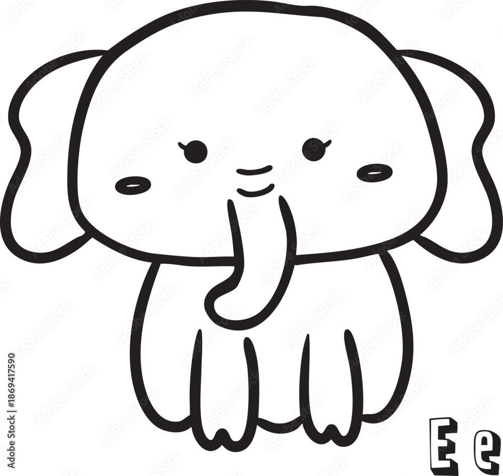Fototapeta premium Cute Elephant Doodle Style Line Art Illustration with Letter E, for Kids Coloring Page