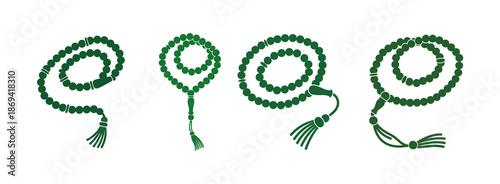 Vibrant Green Prayer Beads, Rosary, or Tasbih, Showcased in Multiple Coiled Formations with Elegant Tassels, Symbolizing Faith, Meditation, and Religious Practices