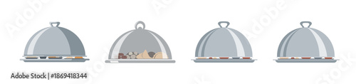Four silver cloches with food items displayed inside, showcasing culinary presentations and meal service concepts