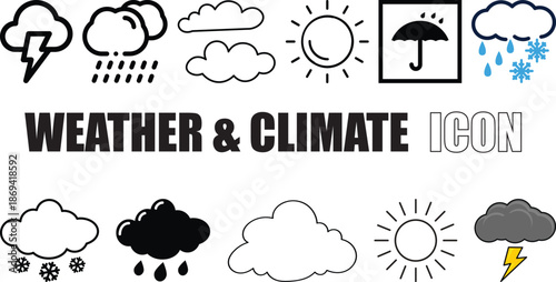 Weather & Climate Icons– Sun, Cloud, Rain, Snow, Storm Vectors