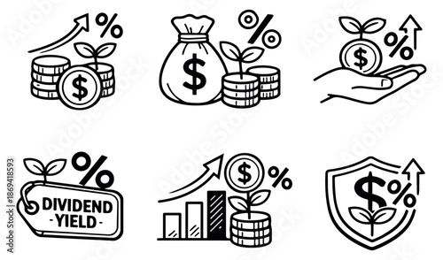 Hand drawn line art finance icons set featuring money bags, coins, growing plants, percentage symbols, and upward trends for investment and dividend yield concepts