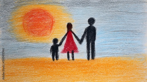 Childlike drawing of a happy family, mother, father, and kid in kids style, hand drawn naïve doodle illustration with crayon, chalk, or colored pencil texture