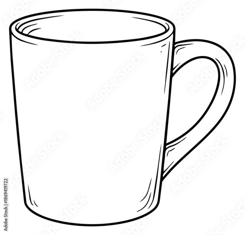 Hand drawn line art illustration of a coffee mug depicting an empty cup for kitchenware designs