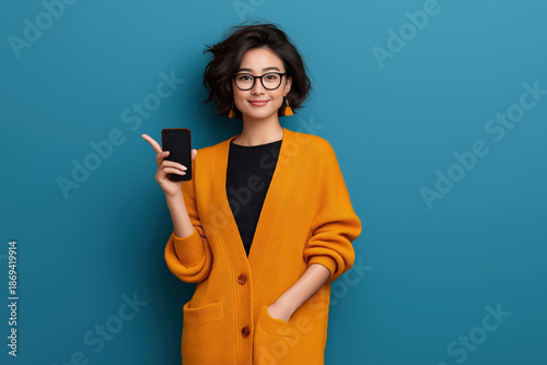 Woman in orange cardigan holding smartphone on teal background fintech mobile app promotion and digital lifestyle portrait