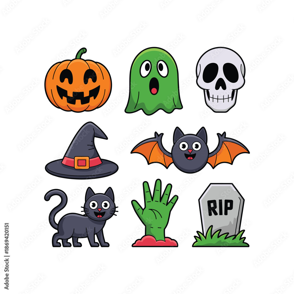 Naklejka premium Cute Halloween Icon Set with Cartoon Characters