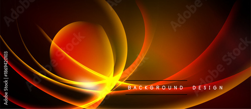 Abstract design features flowing orange curves, bright highlights. Dark background emphasizes vibrant color gradients, dynamic shapes.