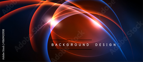 Abstract design features vibrant curves, glowing lines. Red, blue hues dominate dark background. Modern aesthetic, dynamic composition.