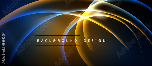 Abstract light streaks form dynamic curves. Golden, blue hues blend against black backdrop. Text reads background design. Modern, elegant visual.