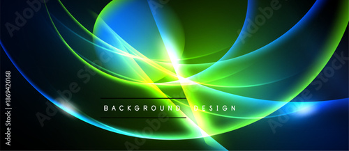 Abstract vibrant design features flowing neon lines. Blue, green, yellow hues create dynamic energy, dark background enhances luminosity.