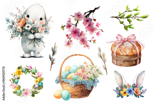 Watercolor Easter set with adorable rabbits, tulips, and decorated eggs. Spring greeting card collection featuring cute bunnies, willow branches, and floral frames. Vector illustration.