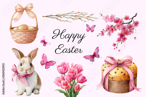 Watercolor Easter set of elements. Cute bunny with bow, panettone, basket with eggs, sakura branch, tulips and butterflies. Spring watercolor cliparts for Easter designs. Vector illustration.