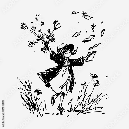 Joyful Child Playing with Letters and Flowers