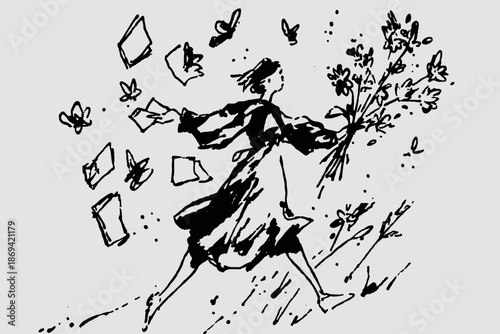 Joyful Child Playing with Letters and Flowers