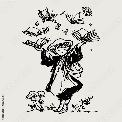 Joyful Child Playing with Letters and Flowers