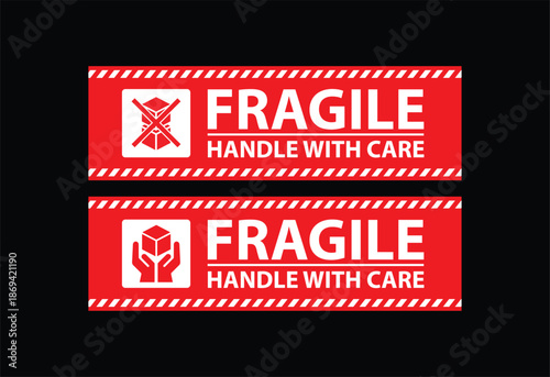 Red fragile handle with care labels show caution icons and clear warning text on a dark background, creating bold shipping and packaging signage for logistics, storage, and delivery operations.