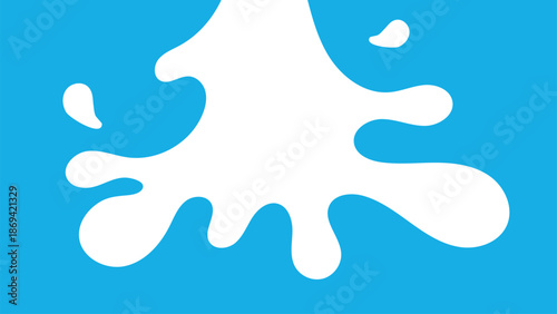 White milk splash spreads outward on a blue background, forming a smooth liquid illustration with rounded drops and curves ideal for food marketing, packaging design, education visuals, and dairy bran