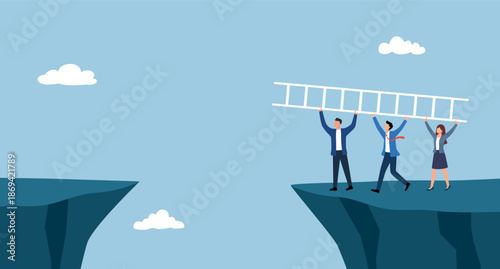 Business team using ladder to cross through the gap between hill. Business Teamwork, risk and success concept vector illustration.