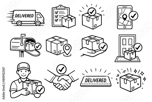 Hand drawn line art delivery icons set featuring a delivery truck, packages, a courier, and shipping process elements with checkmarks for logistics services
