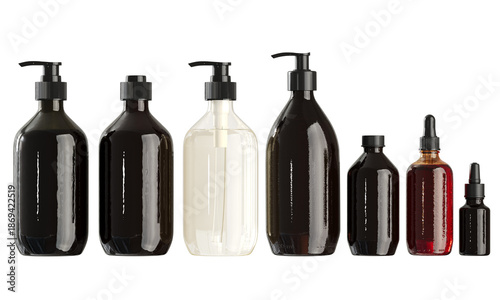 Set of Cosmetics bottles with glasses isolated on white background. 3D Rendering. PNG Files.