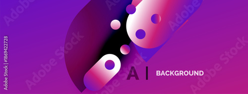 Abstract purple design features glowing orbs, dynamic shapes. Modern aesthetic suitable for digital backgrounds, presentations.