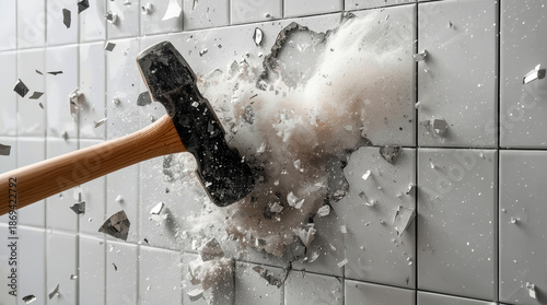 Hammer Smashing Ceramic Wall Tile During Renovation
