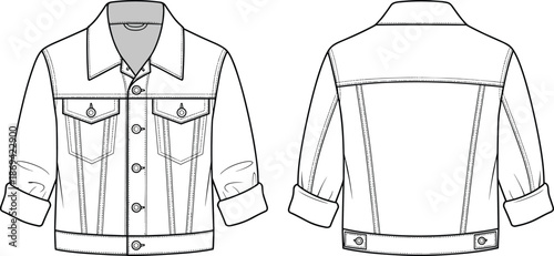 Denim jacket technical flat illustration, front and back views, classic trucker jacket with rolled sleeves apparel vector fashion template design