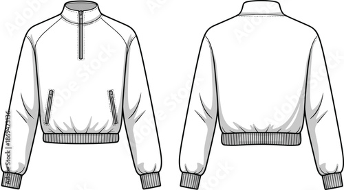 Men half zip sweatshirt front and back view, casual pullover jacket design, fashion technical drawing vector illustration