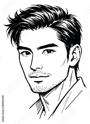 Hand drawn line art illustration of a young man depicting a confident look for diverse representation