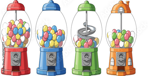 Set of colorful gumball machines in red blue green and orange with bubble gum balls and spiral slide for retro candy shop