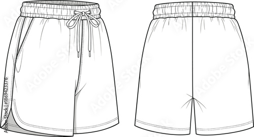 Men sports shorts technical flat sketch, front and back view with elastic waistband drawstring, apparel fashion vector illustration design template