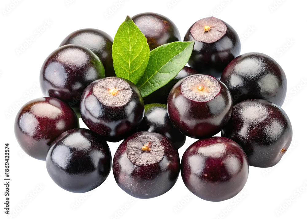 Fototapeta premium Fresh acai berries with green leaves, healthy superfood fruit.