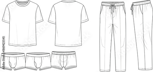 Mens underwear and loungewear technical flat set, t shirt boxer briefs and pants front back views apparel vector template design