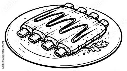 Hand drawn line art illustration of ribs on a plate depicting a meal for a restaurant menu or food illustration